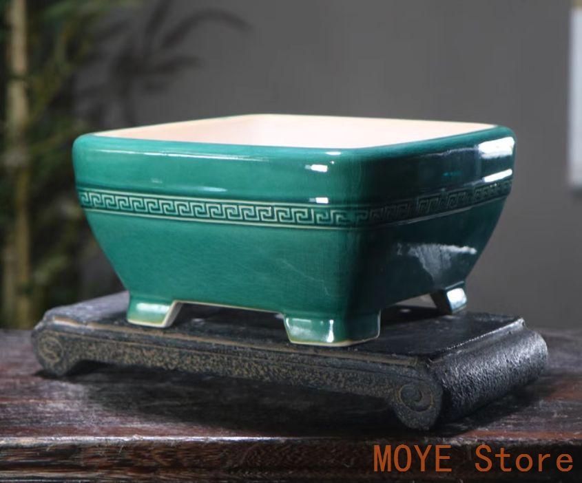 正方形回紋陶器鉢 青磁鉢 山野草鉢 多肉植物 植木鉢 小品大品