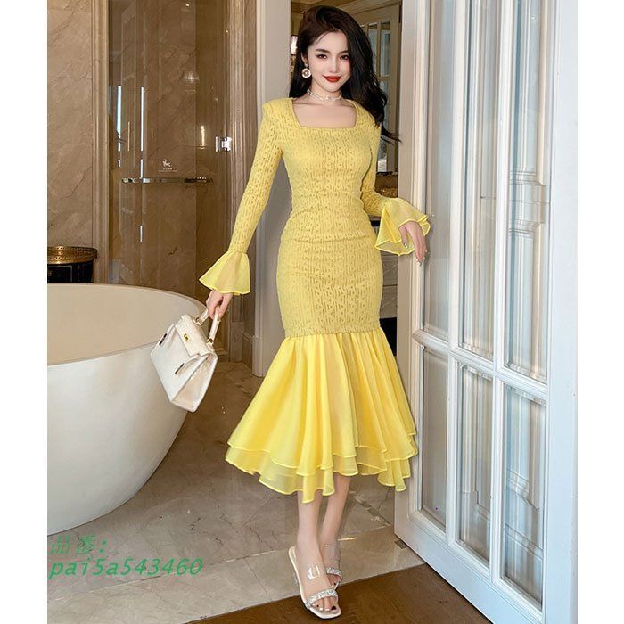 シースルーフリル長袖 ミモレ丈マーメイドドレスワンピース 黄 パーティー ドレス おしゃれ レディース 韓国 きれいめ pai5a543460