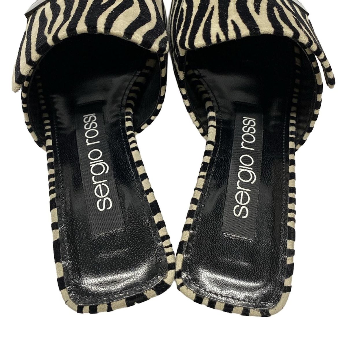  sergio rossi セルジオロッシ ミュール 35 レディース - ベージュ×黒 ゼブラ柄 アウトソール張替済 ミュール サンダル ミュール