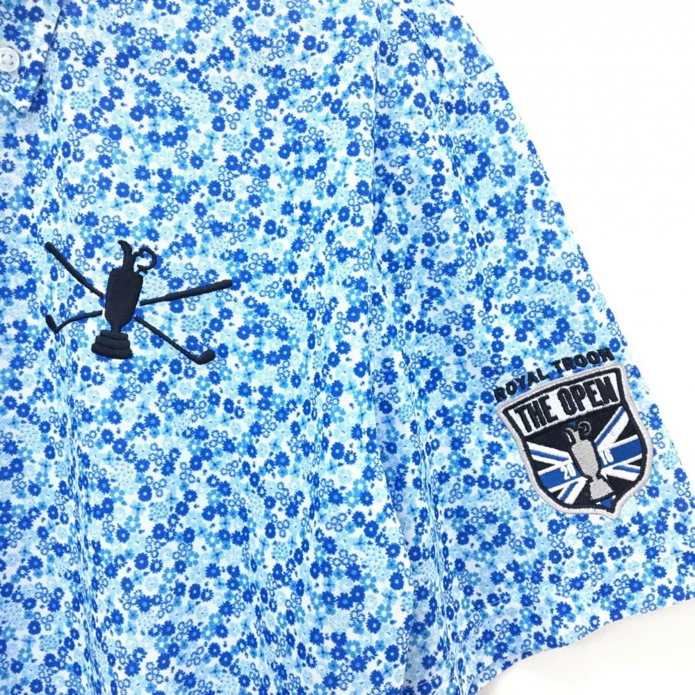 ミズノTHE OPEN 半袖ポロシャツ ブルー×ライトブルー 花柄 ボタン