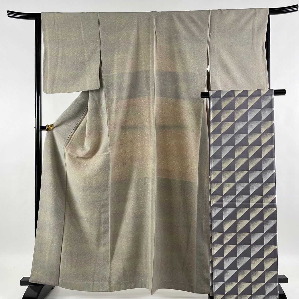 小紋 美品 秀品 袋帯セット 幾何学模様 霞ぼかし 灰緑 袷 身丈163cm 裄 ...
