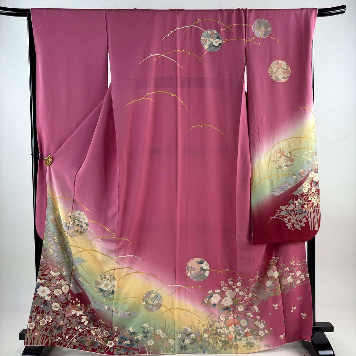 晴れの日を雅やかに彩る　未使用級の正絹振袖フルセット　身丈163 裄67 振袖 身丈166cm 裄丈67.5cm L 袷 袋帯フルセット 蝶＋ 藤 金彩 灰茶