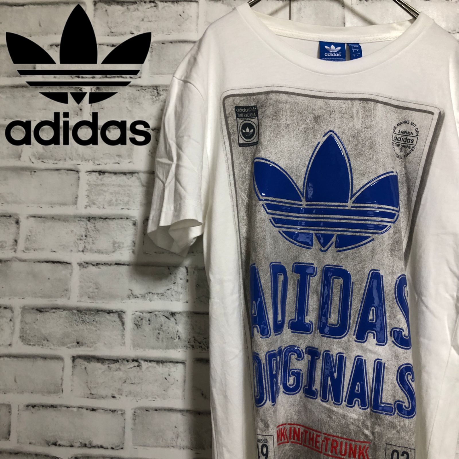 美品⭐️00s adidas アディダスオリジナルス ビッグトレファイルロゴ Tシャツ vintage ホワイト×ブルー