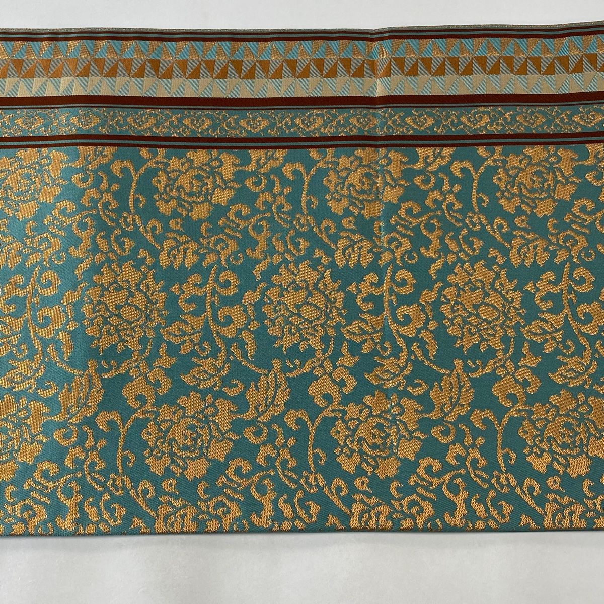 袋帯 美品 逸品 龍村晋 落款 花唐草 縞 金糸 箔 青緑 全通 正絹