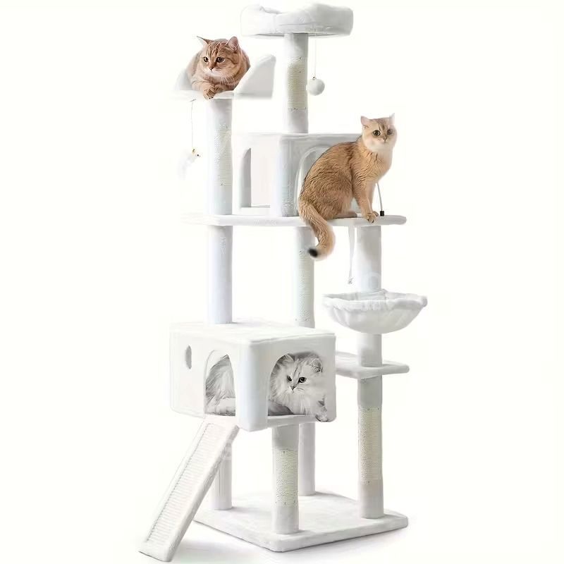 キャットタワー 猫タワー 大型猫用 据え置き 多頭飼い シンプル おしゃれ 可愛い インテリア 北欧 スリム 見晴らし台 隠れ家 おもちゃ 爪とぎ 運動不足解消 安定 アイボリー ブラウン ベージュ 麻紐 170cm