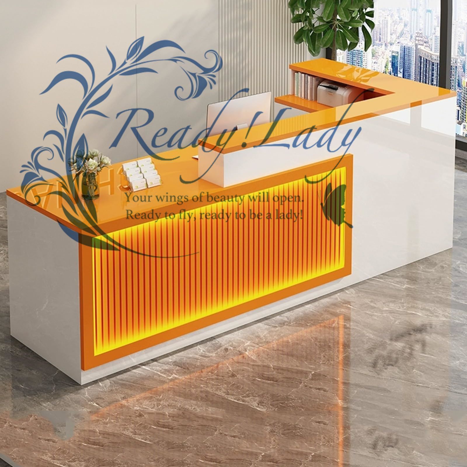 受付デスク オープンシェルフとロック機能付き木製フロントカウンターテーブル LEDライト付きフロントデスク サロン オフィス レストラン受付 120cm