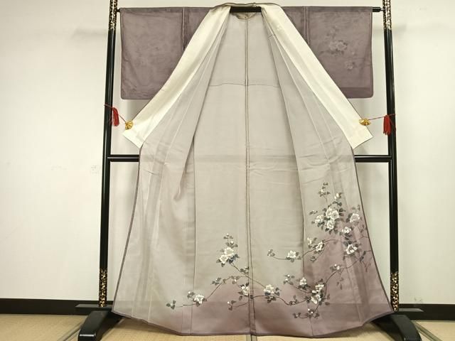 平和屋着物▽訪問着　無双　紗袷　紗×紗　手描き　枝花文　正絹　逸品　AAAV2665fy 平和屋着物▽訪問着 無双 紗袷 紗×紗 手描き 枝花文 正絹 逸品