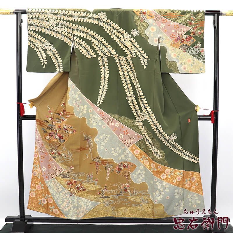 付下げ 慶彩小袖 袷 レディース 正絹 灰緑 ベージュ 熨斗文 古典柄 扇文 身丈158.5cm 裄丈66cm 式典 結婚式 パーティ Mサイズ相当