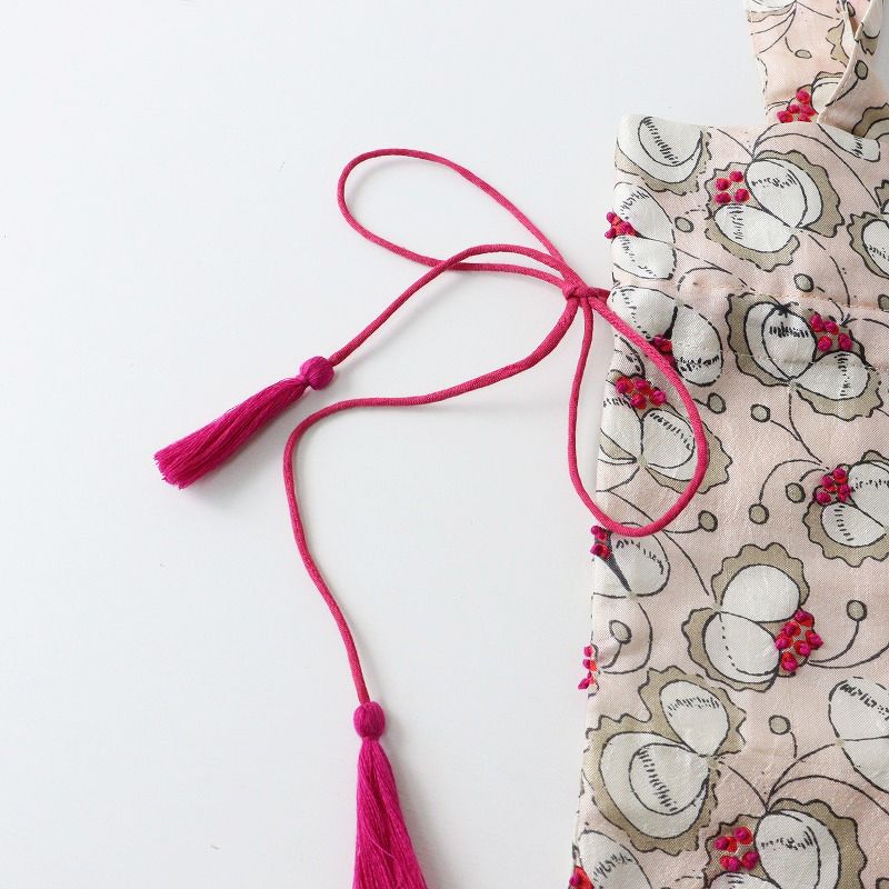 ブノン BUNON シルク 花柄プリント+刺繍 巾着バッグ/ピンク