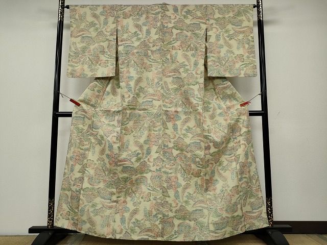 平和屋着物▽上質な紬 単衣 花織 格子柄 正絹 逸品 CAAW1332xi 平和