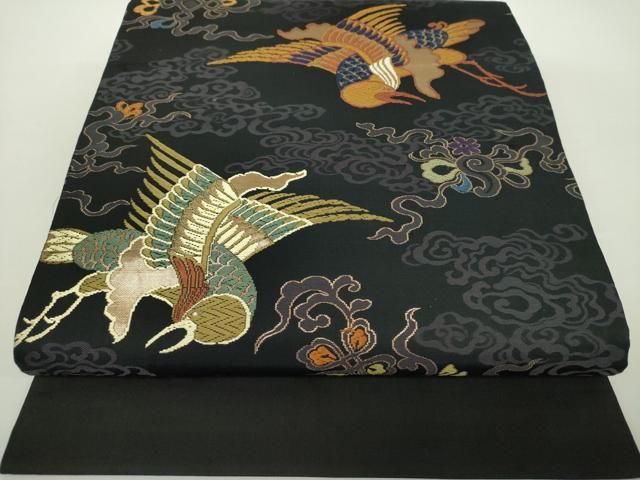 平和屋着物 アンティーク 大正ロマン 丸帯 引き抜き帯 唐織 花鳥文 黒地 金糸 正絹 DAAY1258ps