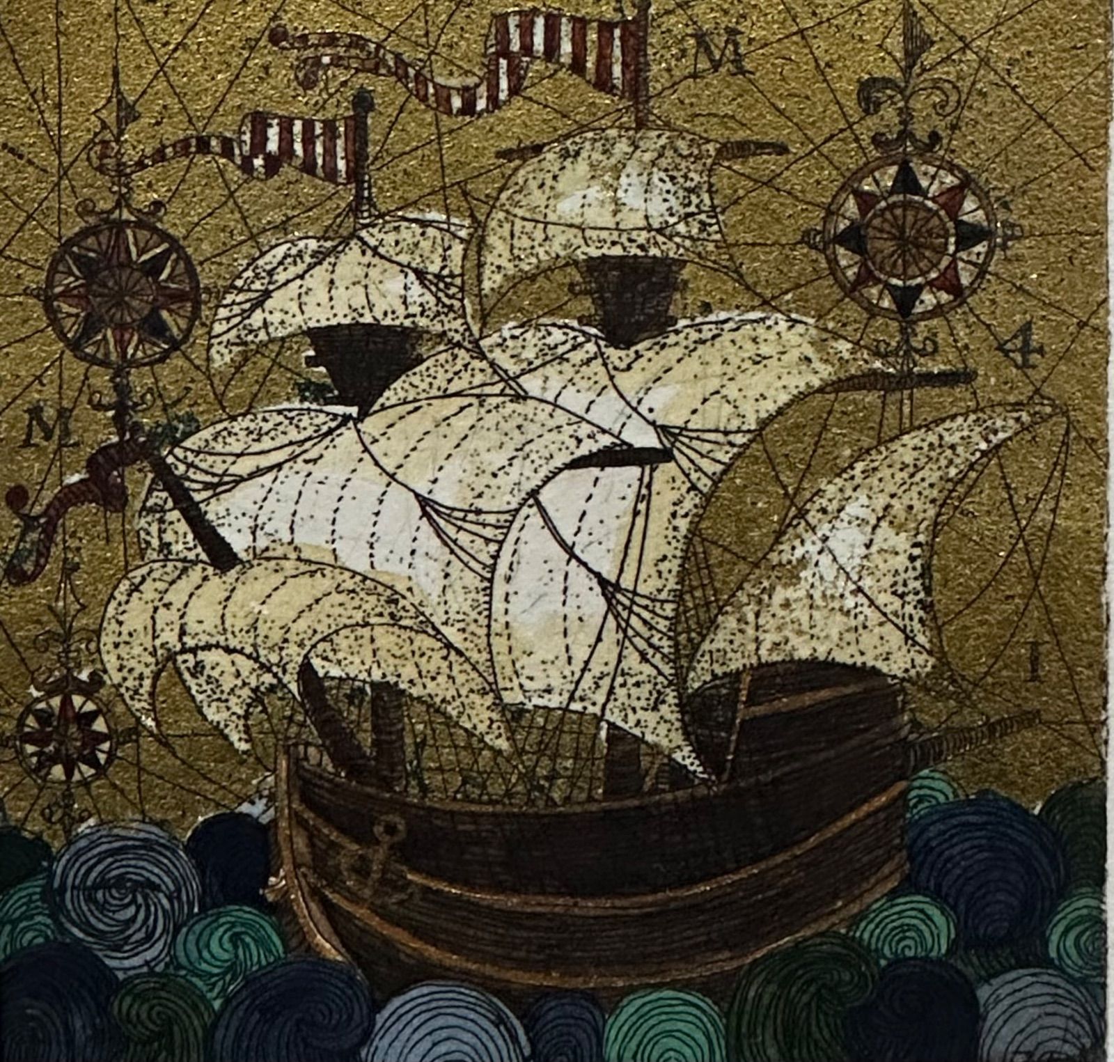 【額付】坪内好子「BATEAU.sa」【作家直筆サイン】【エッチング・金箔】 額付】坪内好子「BATEAU.sa」【作家直筆サイン】【エッチング