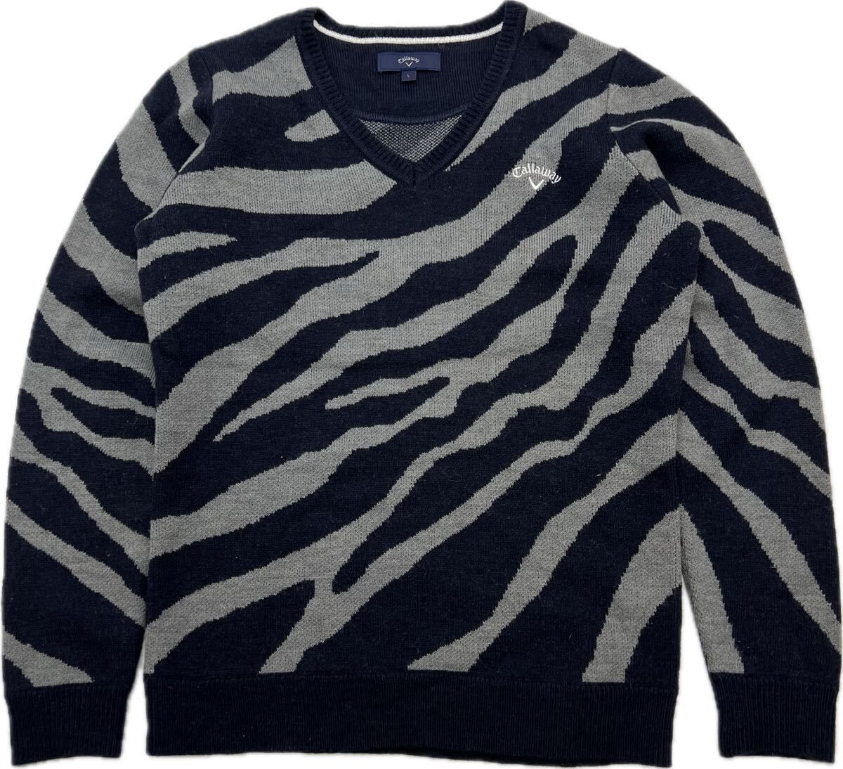 Callaway ゼブラ柄 Vネックニットレディース Callaway ☆ ゼブラ柄 デザイン Vネック ニット セーター ブラック