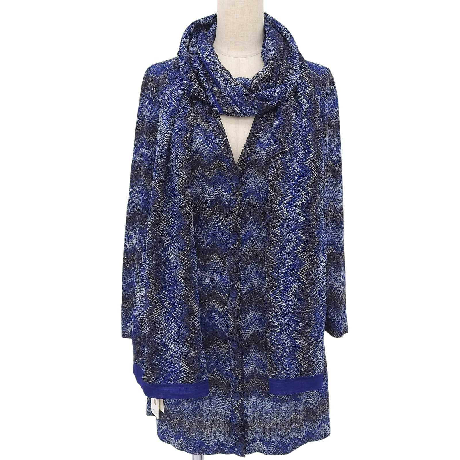 ♥品▲Missoni ミッソーニ ジグザグデザイン ストール付き カーディガン ワンピース ネイビー 40 イタリア製 正規品 レディース