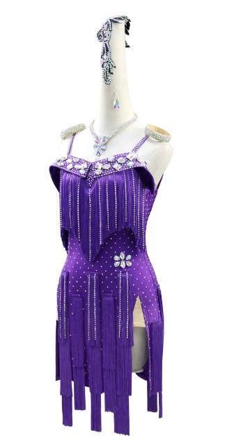 社交ダンスドレス ラテンドレス 競技 パープル デモ オーダーメイド 新品未使用社交ダンスドレス ラテンドレス 競技 パープル デモ