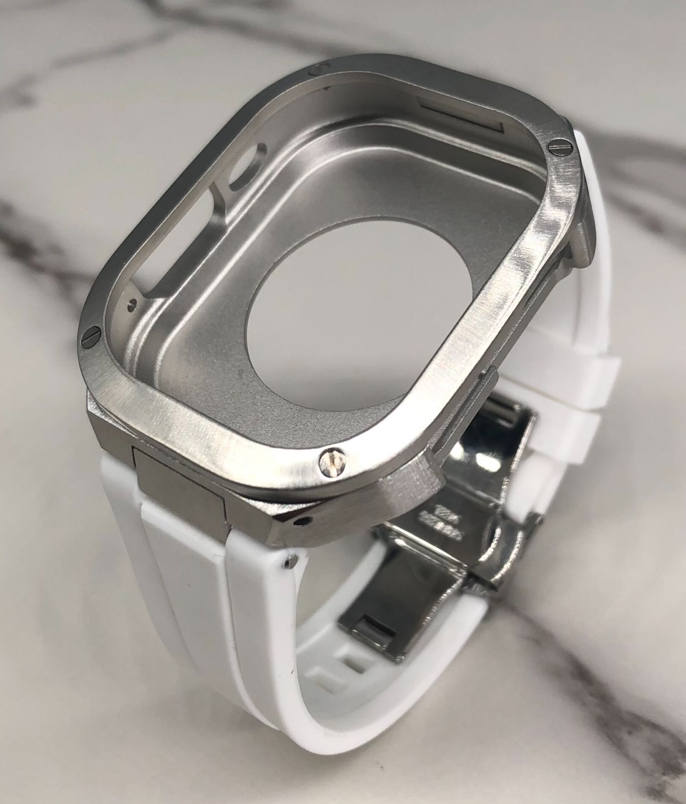 GimelZayin　ホワイト★アップルウォッチ ラバーベルト カバー　ステンレス ケース 49mm ウルトラ　ultra ultra2 スポーツ メンズ レディース Apple Watch バンド