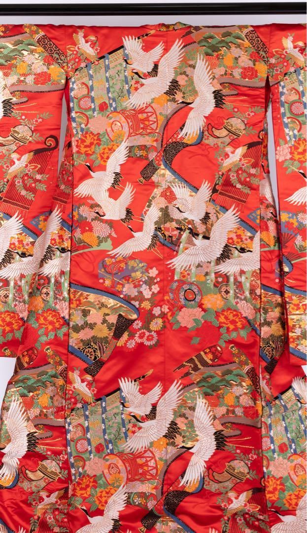 50%OFF! 125,000円→62,500円】花嫁色打掛け 朱色/色爽やか 鶴/太鼓 