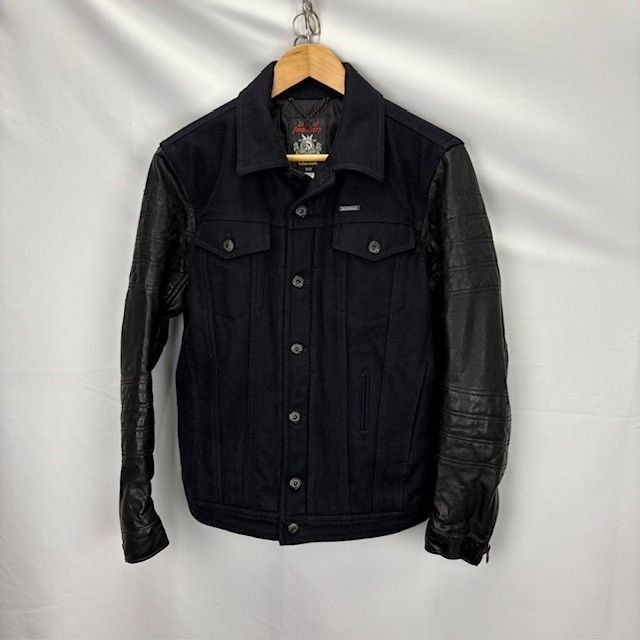 Diesel Industry COWレザースリーブ ウール混 トラッカージャケット 