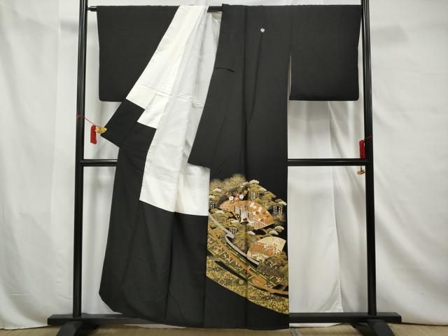 平和屋着物□豪華黒留袖 駒刺繍 御所車花文 金彩 正絹 逸品