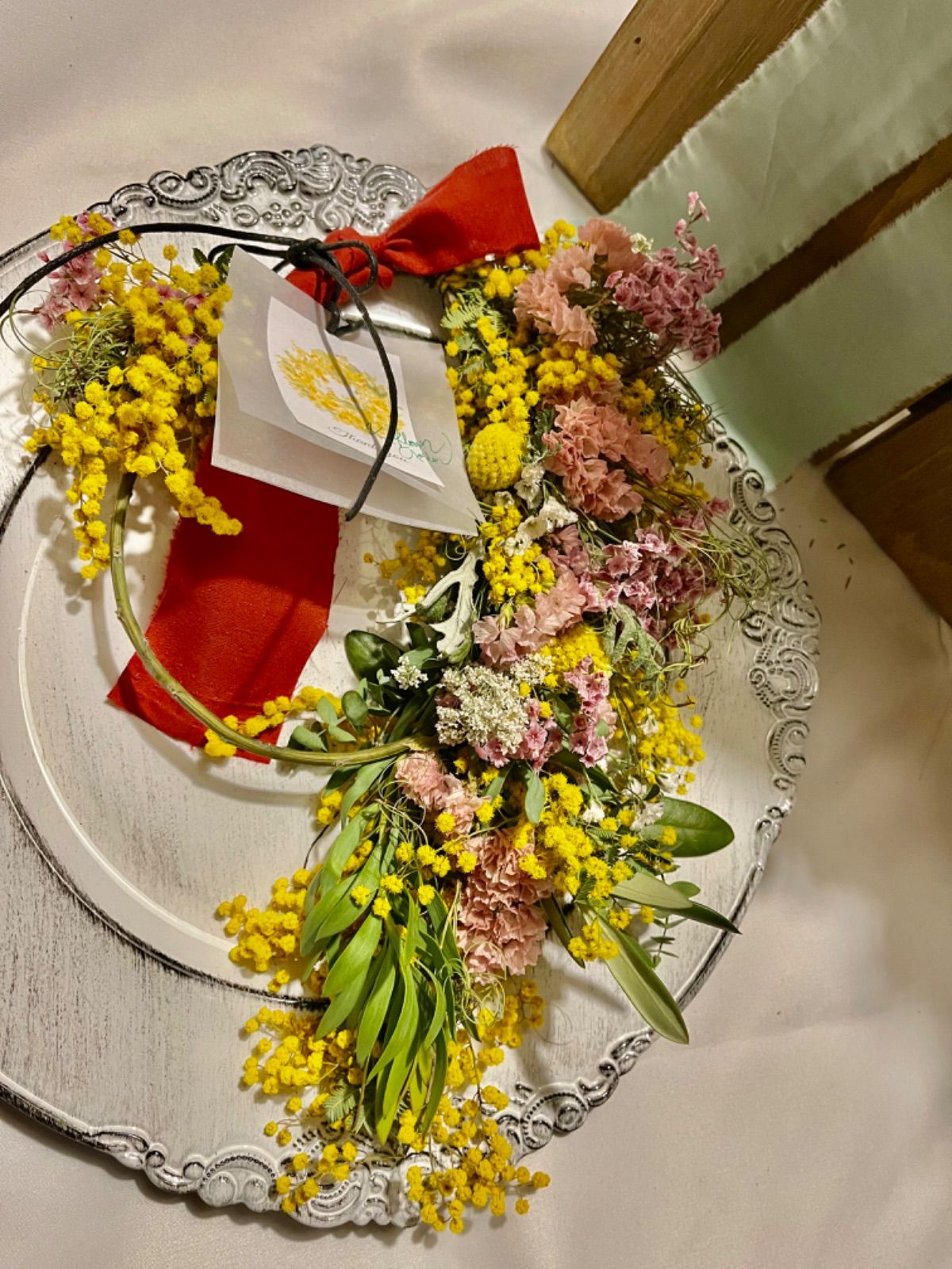 なかむぅが育てたミモザ可愛く！しあわせの黄いろミモザのクエスチョンリース ハンドメイド ドライフラワー