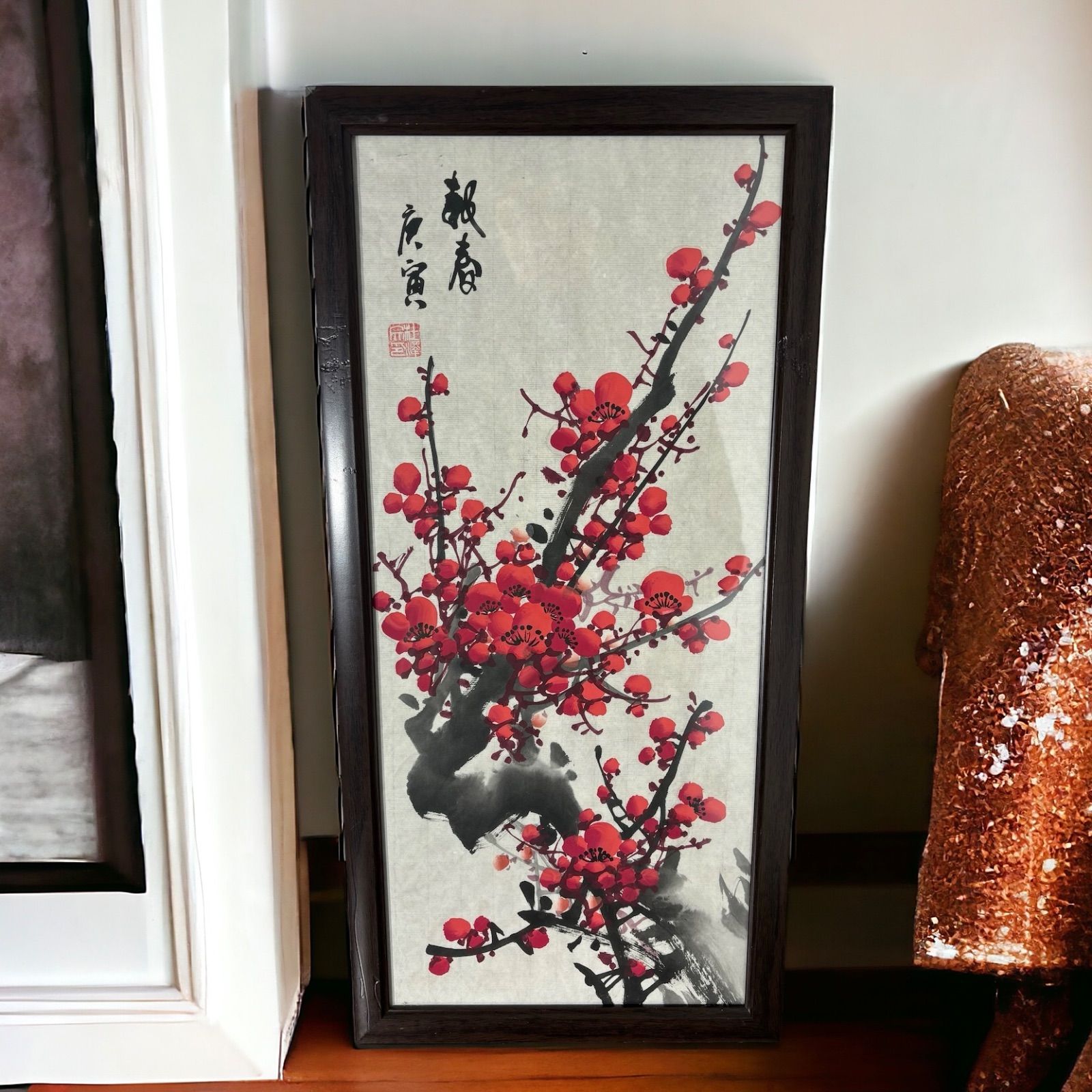 中国現地買付 水墨画【紅梅】額装 壁掛 絵画 色絵 民国 古美術