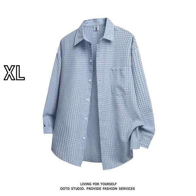 [XL]春 コーデ メンズ 用 服 シンプル ファッション オシャレ 大人 かっこいい 紳士服 長袖 ポケット チェック シャツ ブルー カジュアルウェア 夏  カジュアル 通勤スタイル 重ね着コーデ ゆ