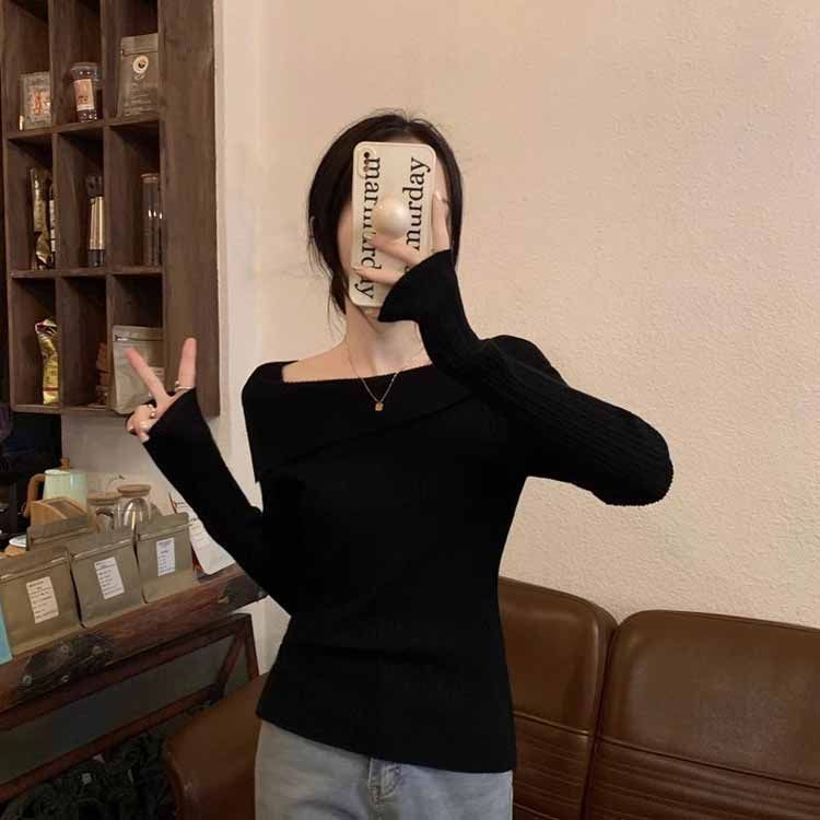 ニット レディース オフショル トップス 長袖 秋 冬 スクエアネック リブニット セーター アシメ オフショル風 プールオーバー タイト 伸縮性 二の腕隠し 体型カバー シンプル お lulum 075