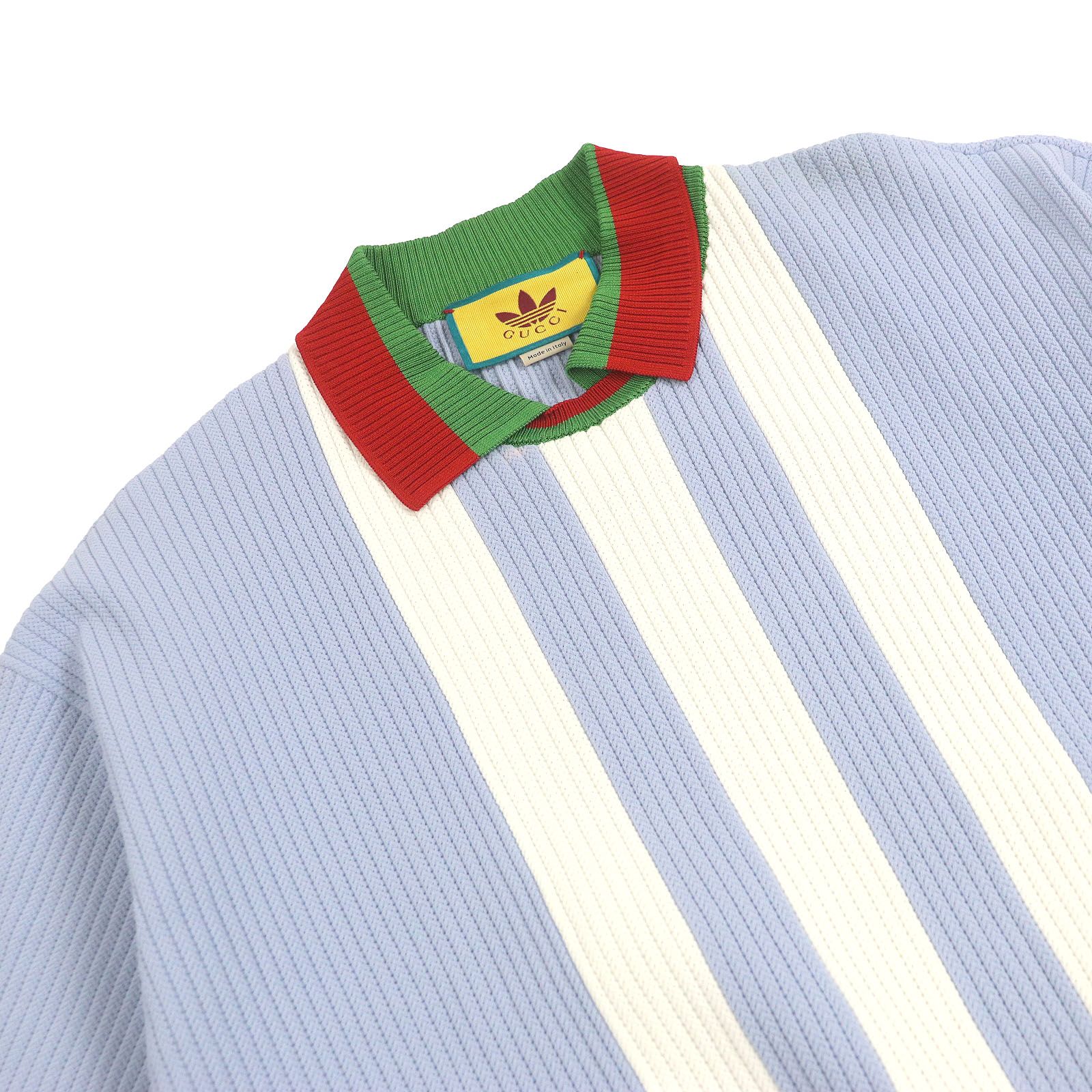 □GUCCI adidas グッチ アディダス 700482 ウェブライン スリーストライプス 半袖 ニットポロシャツ ライトブルー S イタリア製 正規品 メンズ