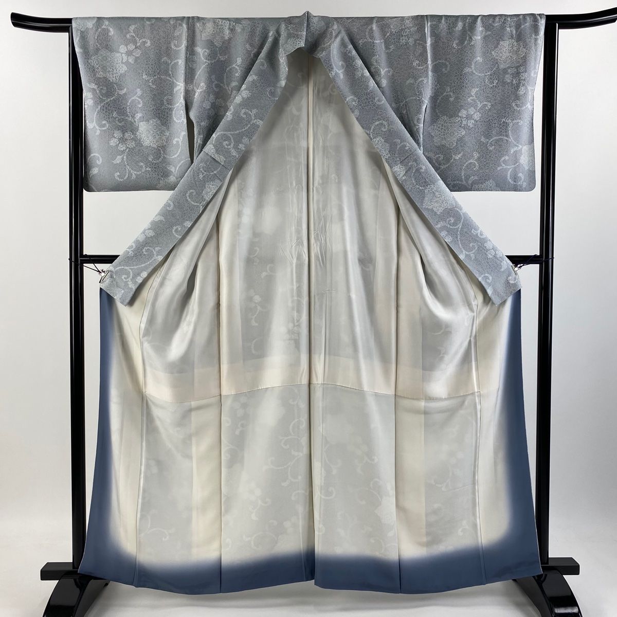 小紋 身丈161.5cm 裄丈63.5cm S 袷 名古屋帯セット 花唐草 草花 青灰色 正絹 美品 秀品 【中古】 【爆買い，送料無料】