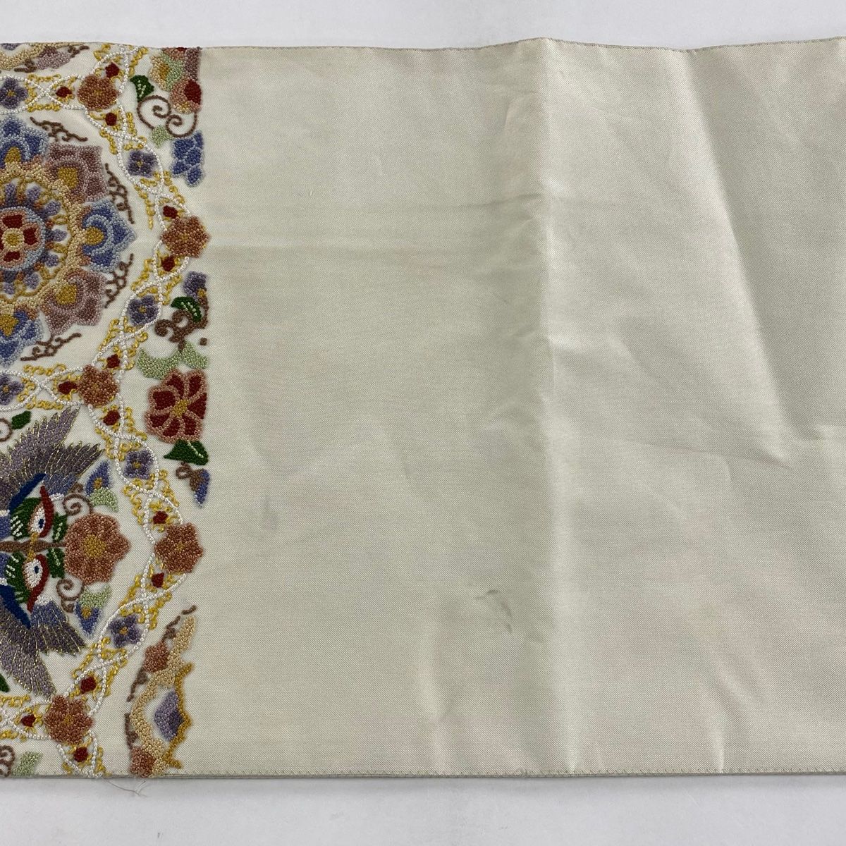 相良刺繍 鳳凰 華文 袋帯 正絹 袋帯 逸品 鳳凰 華文 相良刺繍 金糸 クリーム お太鼓柄 正絹