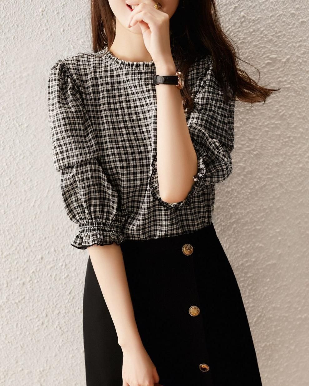 シャツ レディース ブラウス フリル チェック柄 クルーネック 丸首 半袖 Tシャツ ス 通学 通勤 オフィス 女子会 デート 上品 カジュアル シャツ レディース ブラウス フリル チェック柄 クルーネック