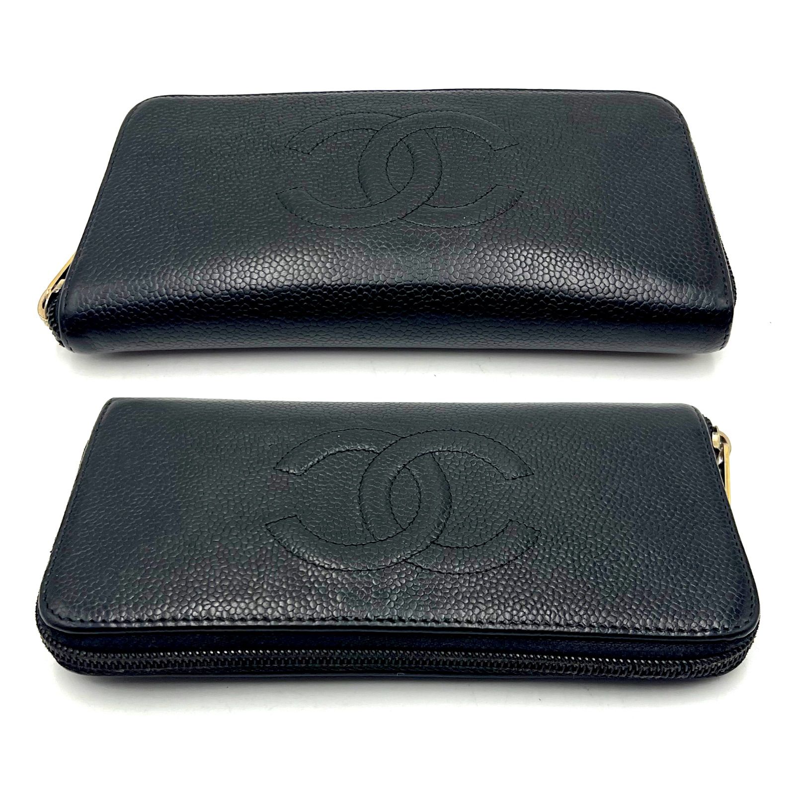 美品】CHANELキャビアスキン ラウンドファスナー長財布 ブラック黒