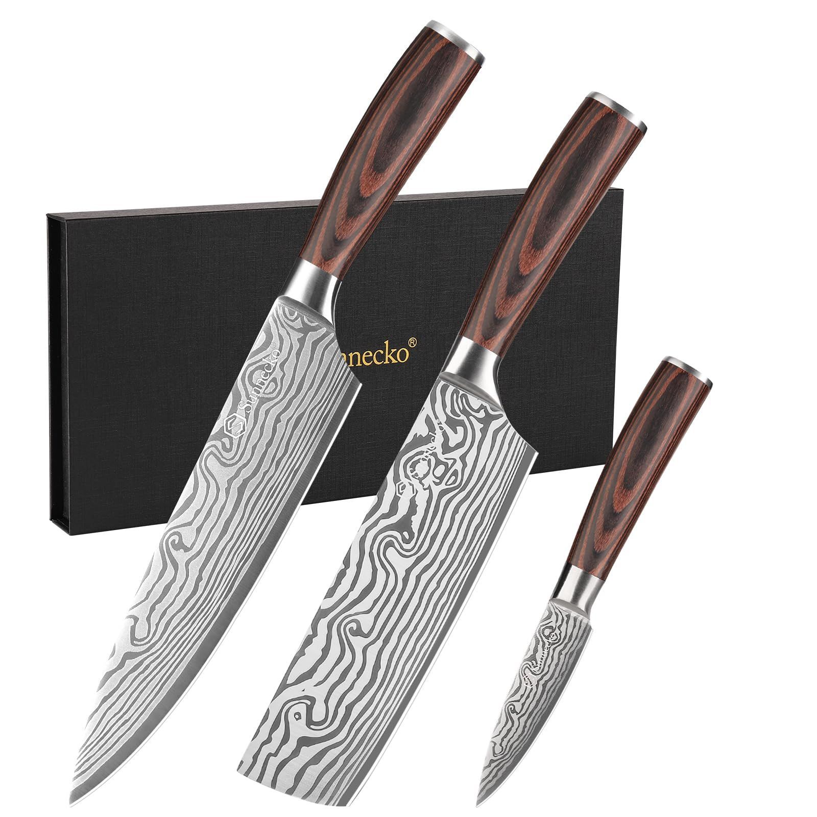 Sunnecko 包丁 セット 牛刀 菜切り包丁 ペティナイフ 3点セット ステンレス ダマスカス模様 木製ハンドル 両刃 肉切り 魚切り 菜切り 錆びにくい おしゃれ 贈り物