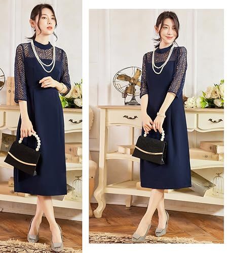 株式会社豊作 ミディ丈ドレス ワンピース フォーマル 入学式 卒業式 通勤 イベント 結婚式 袖あり 七分袖 ラウンドネック 総レース 体型カバー ファスナー JP アルファベット M 紺