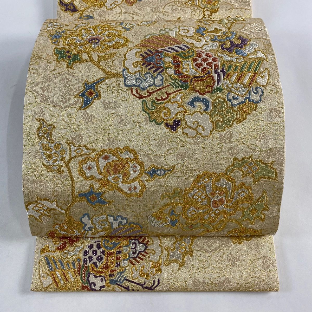 袋帯 名品 草花 鳥 金銀糸 箔 ベージュ 六通 正絹