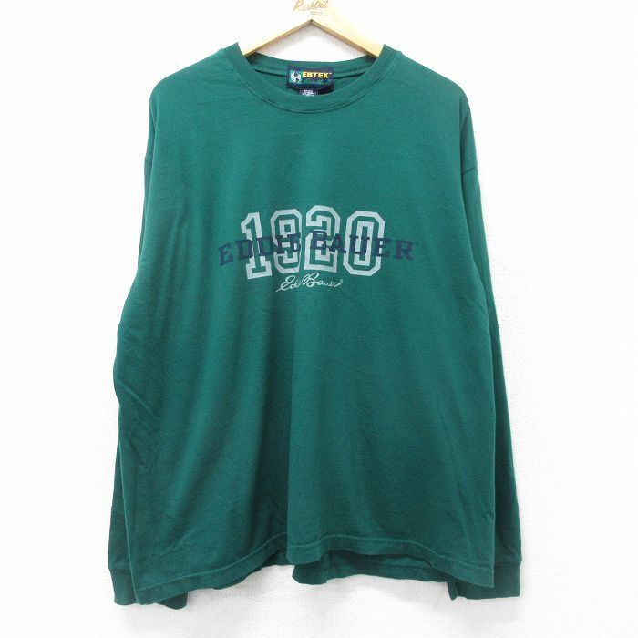 XL/古着 エディーバウアー 長袖 ビンテージ Tシャツ メンズ 00s ビッグロゴ EBTEK 大きいサイズ コットン クルーネック 緑 グリーン spe 24