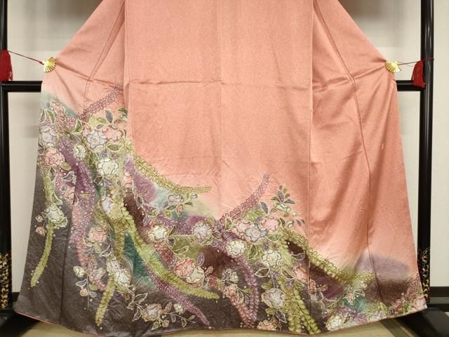 平和屋着物○訪問着 作家物 紬地 流水に花篭 柳煤竹色