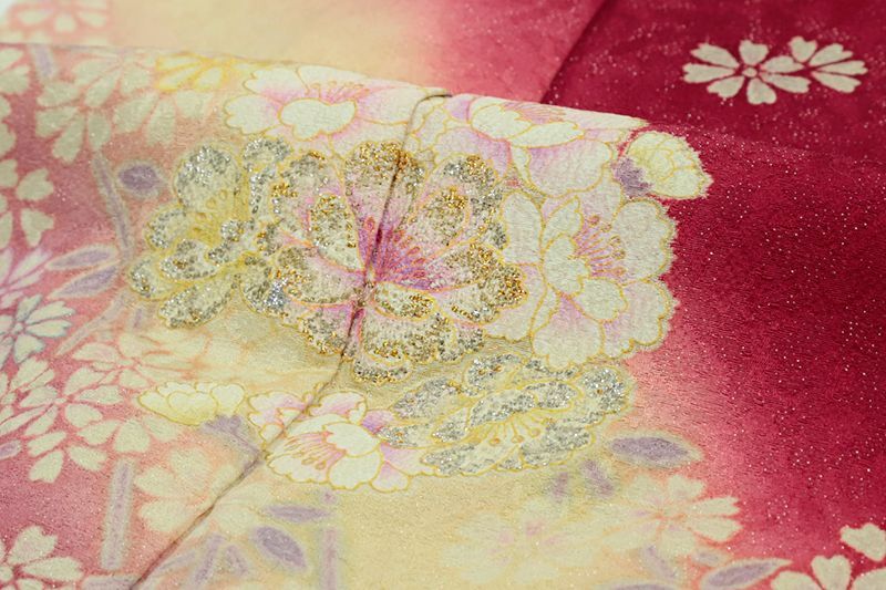 中古 振袖 袋帯 リサイクル 2点セット 赤 ピンク 緑 金彩友禅 唐織 花