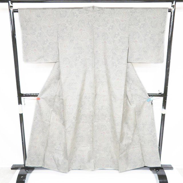 大島紬 白大島 着物 正絹 袷 花唐草模様 オフホワイト 青系色 多色 身丈157cm 裄63.5cm M ワイド きもの北條 A1289-4