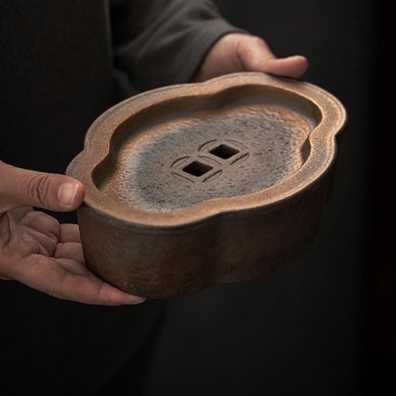 手作り 高温窯変釉 茶承 茶盤 ちゃばん 壺承 茶船（ベゴニア型 茶色）