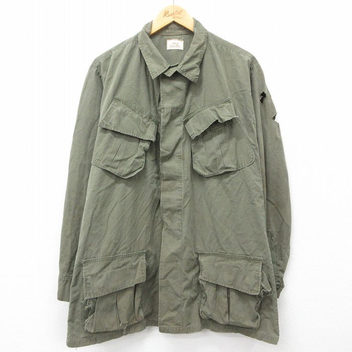 L/古着 長袖 ビンテージ ミリタリー ジャングル ファティーグ ジャケット メンズ 60s リップストップ ボロ 緑 グリーン spe 24dec26 中古 