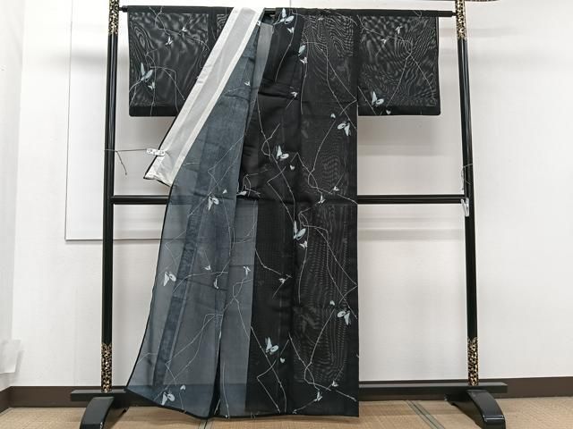 平和屋着物＊夏物 小紋 絽 枝葉文 黒地 洗える着物 CAAW3135ut