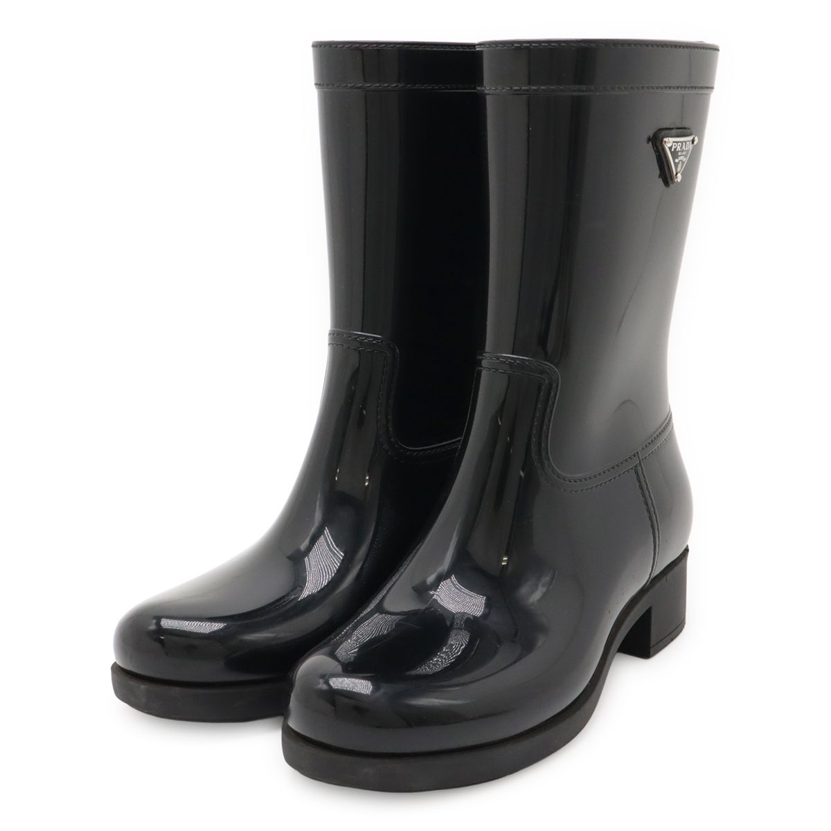 PRADA プラダ トライアングルロゴ レインブーツ 長靴 ヒール ラバー ブラック 黒 サイズ38 38 日本サイズ約25cm