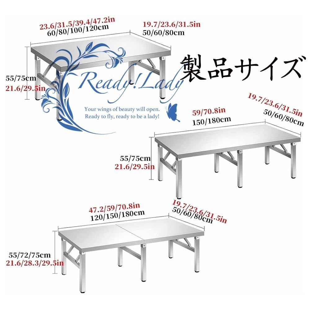 ステンレス作業台 折りたたみ式 調理台 キッチン台 耐荷重500kg 厚型ステンレス天板 防水防油 業務用 飲食店 家庭用 DIY ワークベンチ 溶接作業台 包装カウンター お手入れ簡単 収納簡単 取り付け不要 180X80X75cm