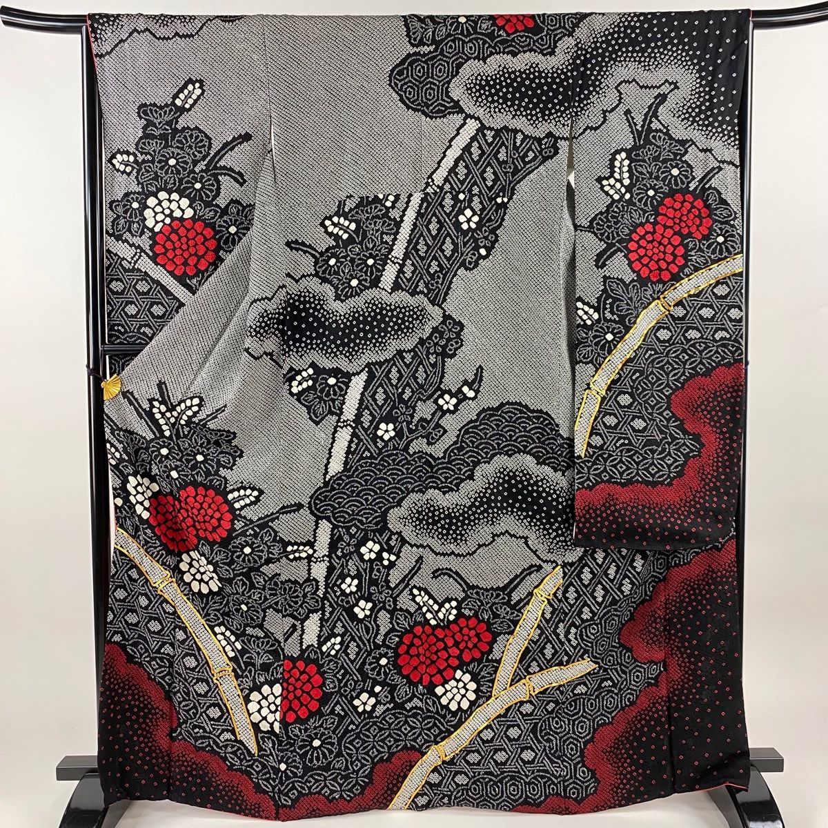 振袖 身丈168cm 裄丈67cm M 袷 菊 光悦垣 総絞り 金糸 黒 正絹 名品