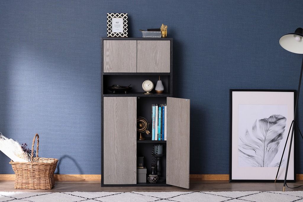 アイリスオーヤマ HIROBIROシリーズ ウッドリビングキャビネット 幅約54×奥行約26×高さ約112.4cm 食器棚 ラック 棚 11段階調整 ブラック アッシュグレー WRC-540 IRIS OHYAMA