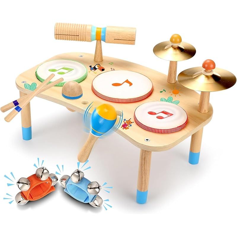 OATHX キッズドラムセット - 11 で 1 楽器 幼児用 赤ちゃん 就学前 音楽玩具 モンテッソーリおもちゃ 幼児ドラムセット 打楽器 音楽玩具 子供 男の子 女の子への誕生日プレゼント対象年齢1-6歳 0