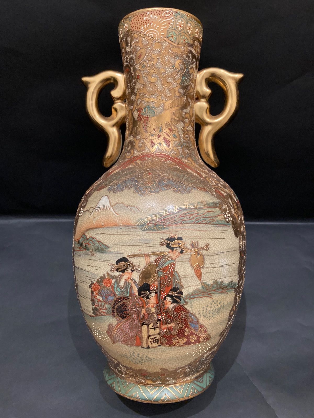 薩摩焼 武将図 花瓶 金彩 色絵 青粒 錦襴手 古美術 骨董 工芸 レア商品