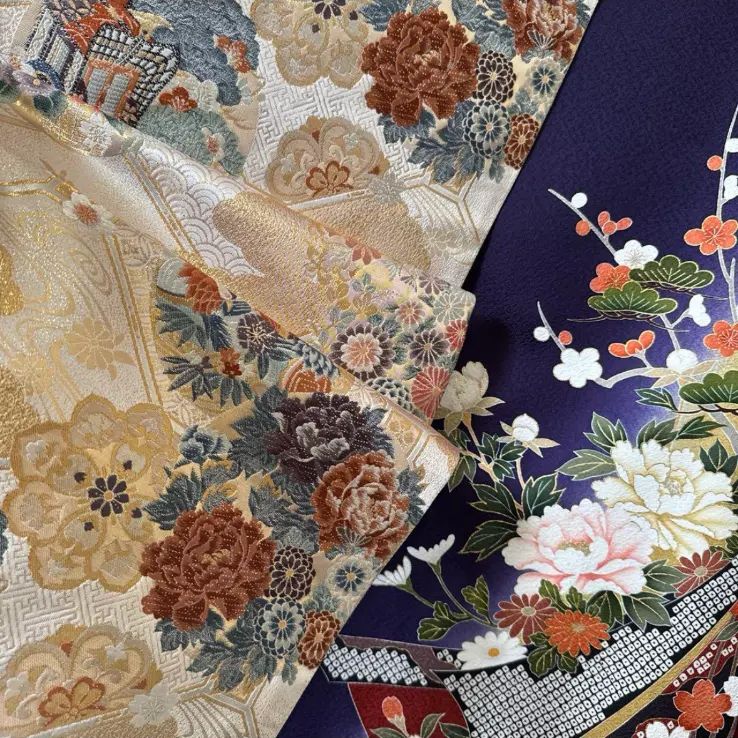 振袖フルセット(7点)・古典柄(深紫・御所車・金駒刺繍・牡丹花文