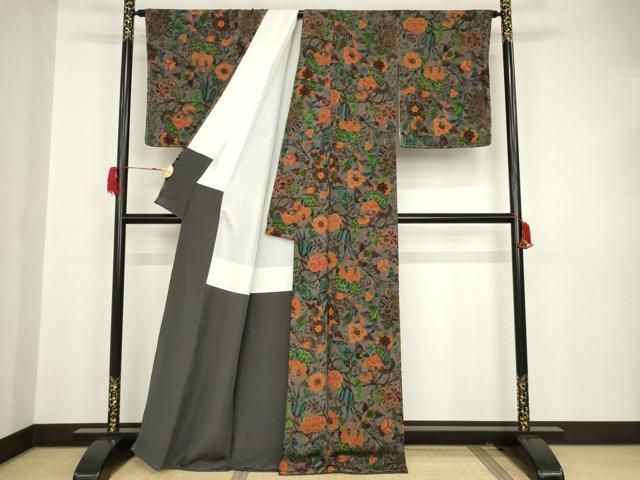 平和屋着物○上質な小紋 孔雀更紗花文 金彩 鬼しぼ縮緬 正絹 逸品 未